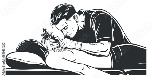 A tattoo artist working on a client's back in black and white minimalist vector style, suitable for tattoo culture and artistic illustrations
