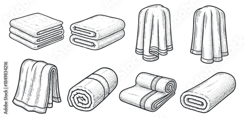 A collection of various towels and blankets in detailed outline sketch style, perfect for home decor and textile design