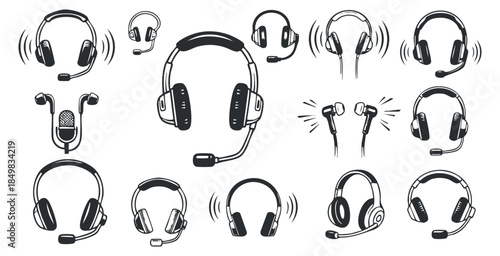 A collection of various headphone and headset designs in black and white outline vector style, suitable for audio and technology projects