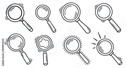A collection of magnifying glasses in various styles and designs in clean outline vector style, suitable for educational and technology projects