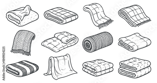A collection of various blankets and throws in black and white outline vector style, perfect for home decor and textile design