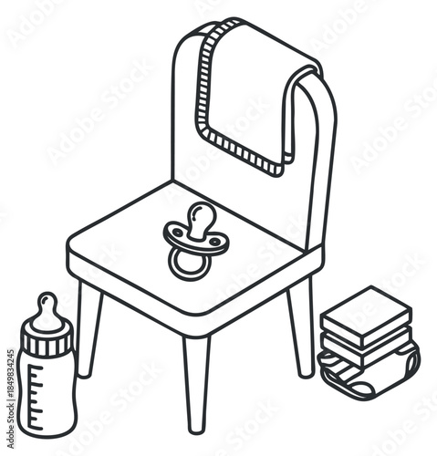 A minimalist outline illustration of a baby chair with a pacifier, bottle, and blanket, ideal for childcare and parenting themes