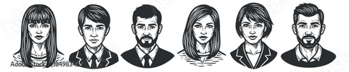A set of six business professionals in black and white vector style, ideal for corporate branding and marketing materials
