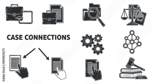 A set of legal and business icons including briefcases, documents, gears, and a gavel in black and white vector style, suitable for legal and organizational themes