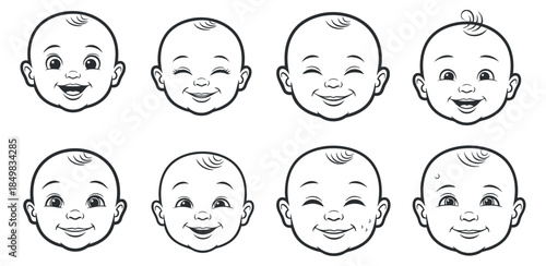 A collection of baby faces depicting various emotions in black and white outline vector style, suitable for children's projects and illustrations