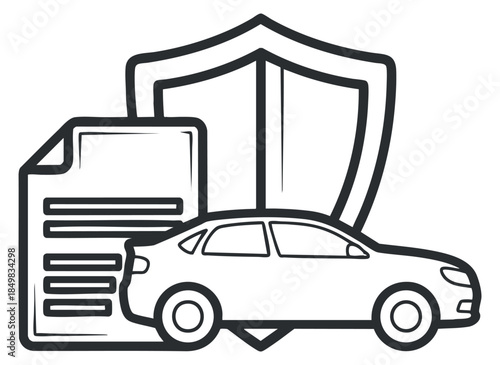 A car insurance concept featuring a car, a shield symbol, and a document in black and white outline vector style, suitable for insurance branding and marketing.