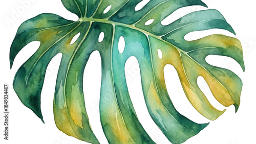 Large green and yellow monstera leaf with holes isolated on a transparent background tropical