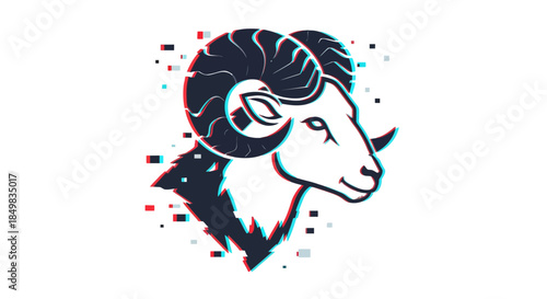 Stylized glitch art illustration of a ram head with glitching effect detail