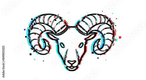 Abstract glitch art ram illustration with vibrant red and cyan color effects