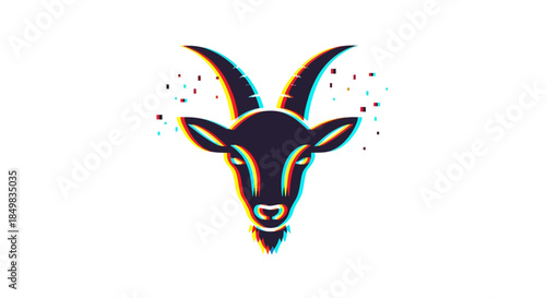 Stylized goat head logo with glitch effect showcasing modern artistic design and vibrant colors