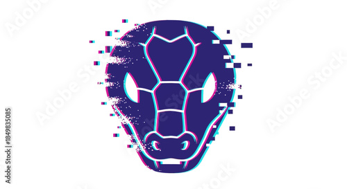 Distorted Snake Head Illustration with Glitch Effect isolated on White Background