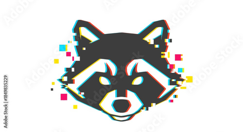 Glitch Art Raccoon Head Illustration in Pixelated Style with Abstract Elements