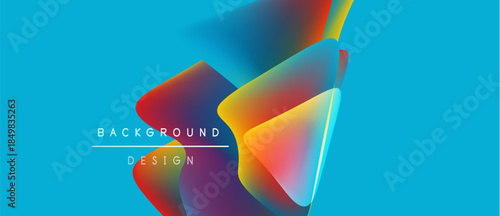 Abstract geometric shapes blend vibrant colors. Blue background highlights dynamic design elements, creating modern visual impact.