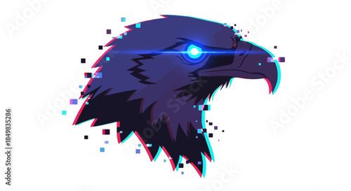 Digital raven illustration with glitch effect and glowing eye capturing modern art