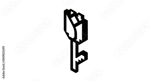 Isometric rose icon in black and white, vector illustration, symbol of love, simplicity and