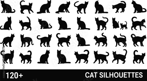 Cat silhouette collection with multiple poses, sitting, walking and playing cats, black and white vector set for pets, design, and decoration