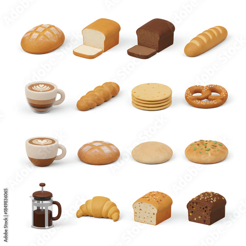 3D Bakery and Coffee Icon Set, Collection of Bread and Breakfast Elements Isolated on White Background