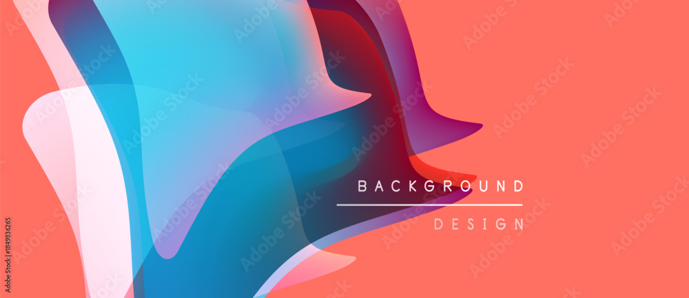 Obraz premium Abstract fluid shapes overlap, creating vibrant color gradients. Peach background complements blue, red, purple hues. Modern design element.