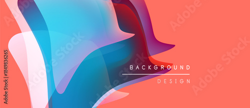 Abstract fluid shapes overlap, creating vibrant color gradients. Peach background complements blue, red, purple hues. Modern design element.