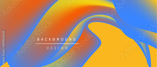 Abstract fluid shapes blend orange, blue, yellow hues. Text reads background design. Vibrant colors create dynamic visual effect.