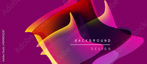 Abstract fluid shapes overlap, creating vibrant gradients. Purple background enhances dynamic design elements. Text reads background design.