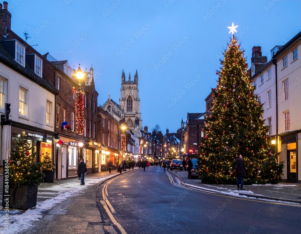 Fototapeta premium Enchanting Christmas Evening in the Historic City of York with Festive Lights and Traditional Architecture