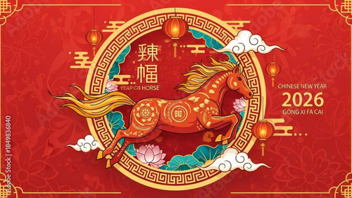 Vibrant Chinese New Year 2026 Celebration with Horse, Lanterns, and Floral Motifs on Red Background