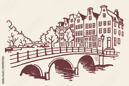 Amsterdam Canal Bridge Cityscape Minimal Sketch Vector Illustration