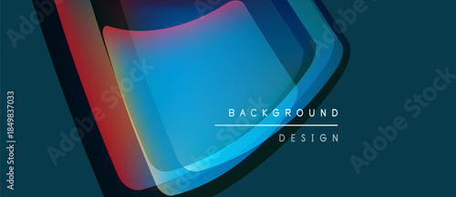 Abstract design features layered shapes, vibrant colors. Blue, red gradients create dynamic visual effect. Minimalist text complements composition.