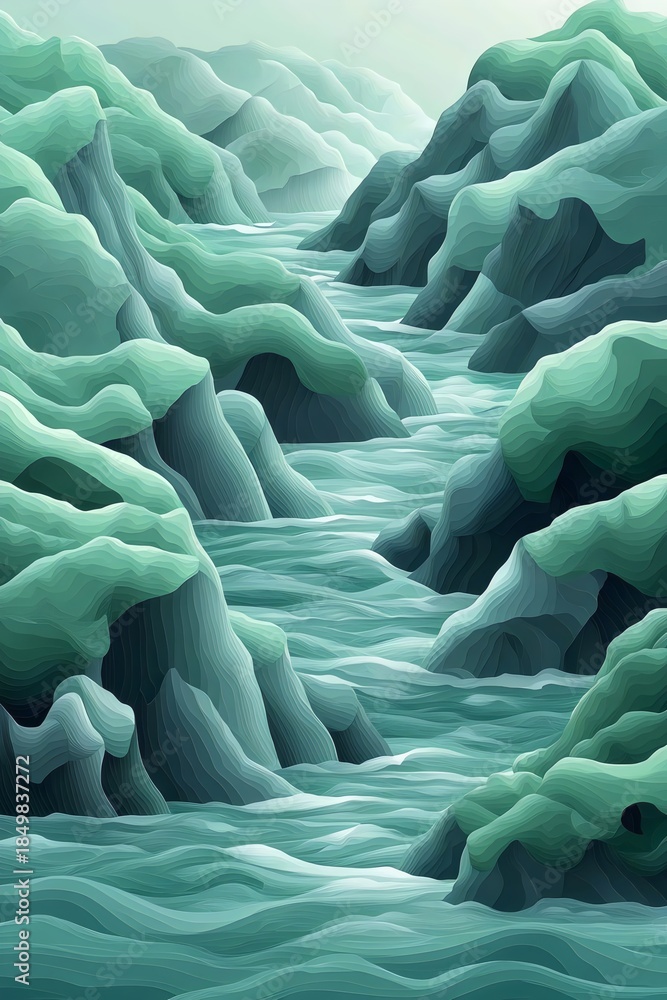 Obraz premium An abstract landscape depicting flowing river valleys surrounded by layered, wave-like mountains in calming shades of teal and green, conveying tranquility and depth.
