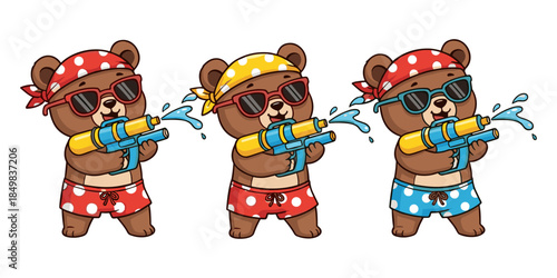 Cartoon bears wearing sunglasses and holding water guns
