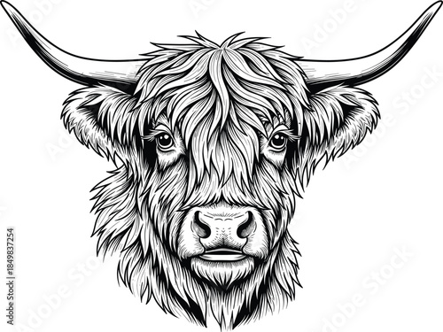 Highland cattle head illustration, detailed horned cow portrait vector, hand drawn farm animal artwork, rustic livestock engraving style design for branding and apparel