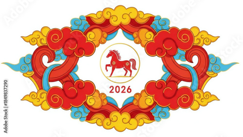 Colorful Chinese New Year 2026 Decoration with Red Horse and Cloud Ornament