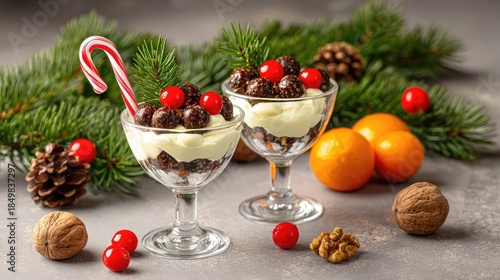 two glasses with trifle. candied cranberries, meringue balls, and chocolate on top