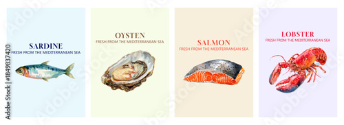 Watercolor Mediterranean seafood illustration featuring fresh fish, sardines, and shellfish. Italian coastal poster design ideal for restaurant decor and summer food concepts.