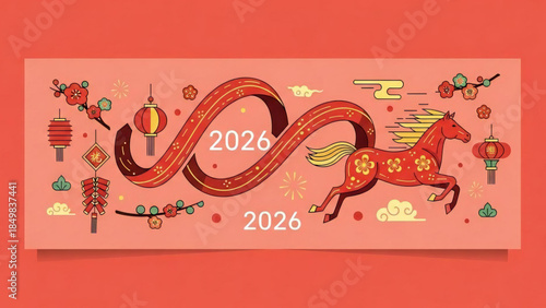 Vibrant 2026 Chinese New Year Graphic with Horse, Lanterns, and Decorations on Pink Background