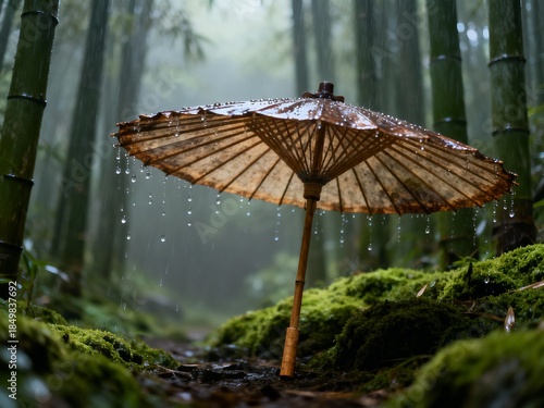 Wallpaper Mural Misty Bamboo Forest Landscape with Traditional Umbrella During Rain. Torontodigital.ca