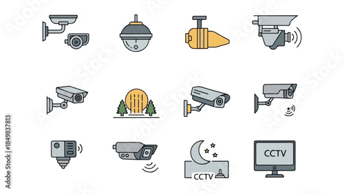 Flat CCTV Security Camera Icons Set, Surveillance and Monitoring System Illustration. Vector illustration