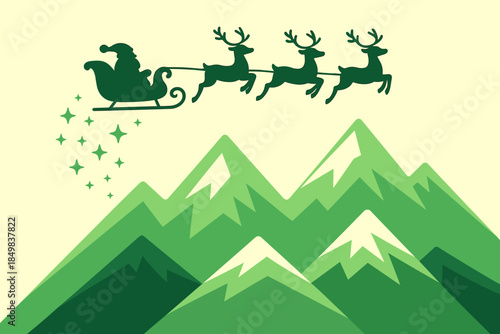 Sleigh Over Mountain Peaks. Sleigh gliding above mountains. Reindeer silhouettes sweep over frosted peaks