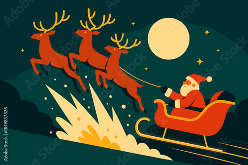 Reindeers Skyward Leap. Reindeer team taking flight. Snow bursts upward as the reindeer leap skyward, the