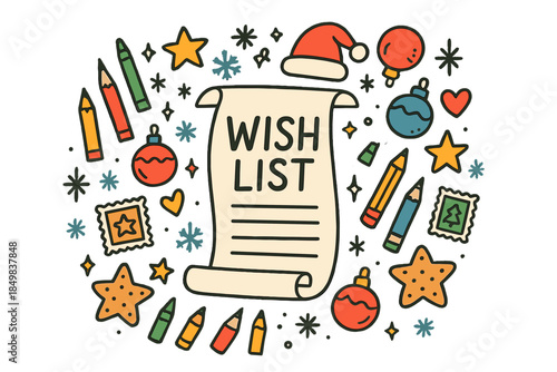 Festive Wish List. Wish list. Hand-drawn doodle illustration of Wish list. Long paper scroll, crayons, pencils