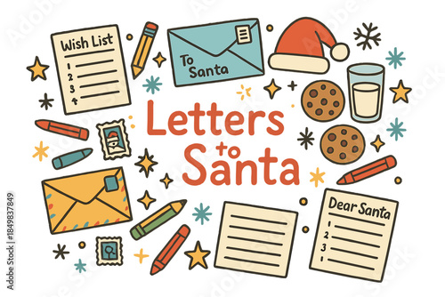 Santa Letter Doodles. Letters to Santa. Hand-drawn doodle illustration of Letters to Santa. Envelopes, pencils