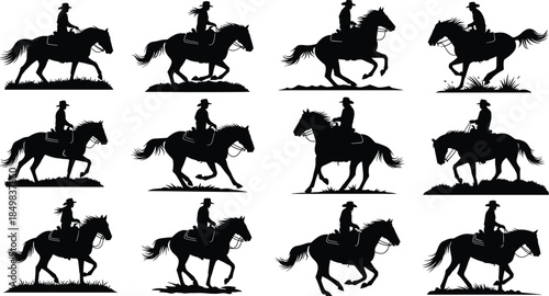 Western cowboy horse silhouette set, equestrian riders galloping on horses, black and white vector illustration for ranch, riding, and western art