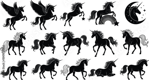 Unicorn silhouette illustration set, magical fantasy horses with wings, stars and moon, elegant black vector collection for fairytale, logo and decorative design