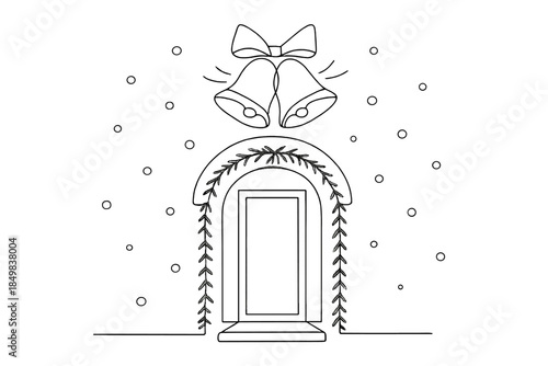 Minimalist Christmas Bells. Christmas bells ringing in snowy air festive entrance. Minimalistic one-line