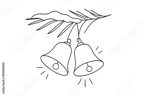 Minimalist Christmas Bells. Christmas bells ringing in snowy air tree branch bells. Minimalistic one-line