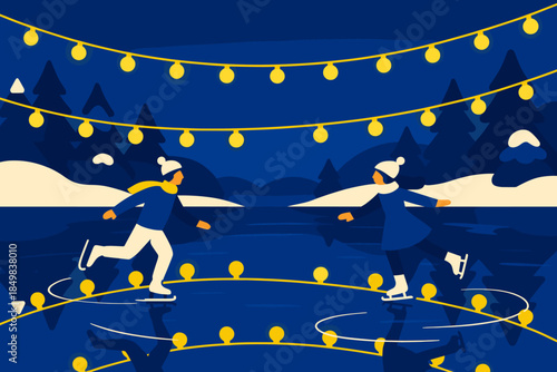 Winter Lake Reflections. Frozen lake reflecting winter lights. A glassy lake mirrors glowing holiday strings