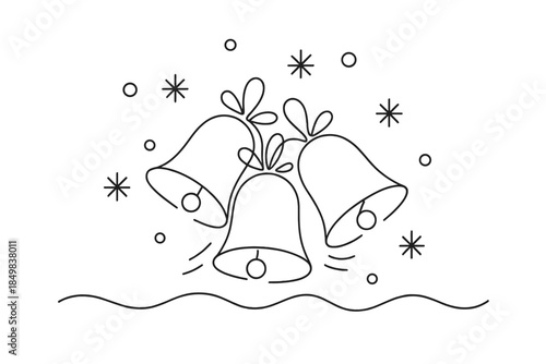 Minimalist Christmas Bells. Christmas bells ringing in snowy air joyful harmony. Minimalistic one-line drawing