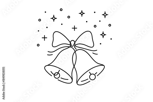Minimalist Christmas Bells. Christmas bells ringing in snowy air starry sky. Minimalistic one-line drawing