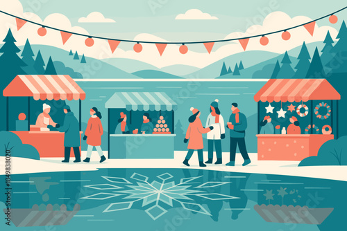 Winter Festival by Lake. Winter festival by the lake. Vendors and visitors gather near the frozen water where
